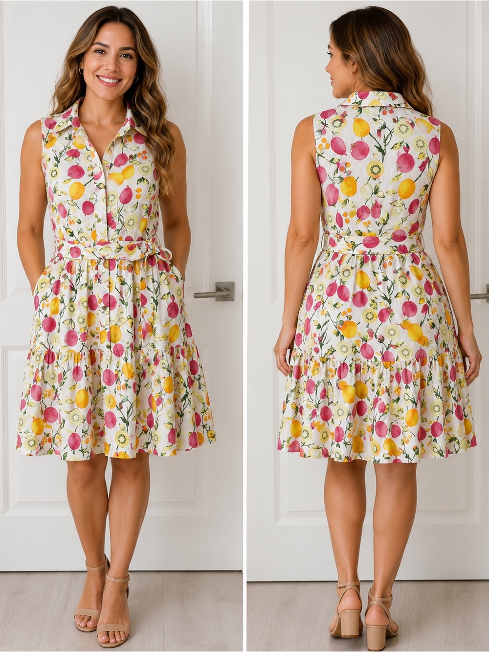 Cynthia Rowley White Sleeveless Fruit-Print Shirtdress with Pink & Yellow